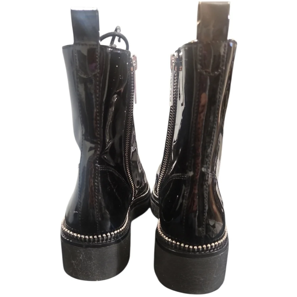 NWT Michael Kors Haskell Black Patent Leather Combat Boots Zipper Trim 8.5
